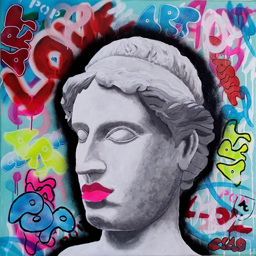 Athena Pop -Acrilico, spray, pennarello. 80 x 80 x 2 cm. Gennaio 2025
