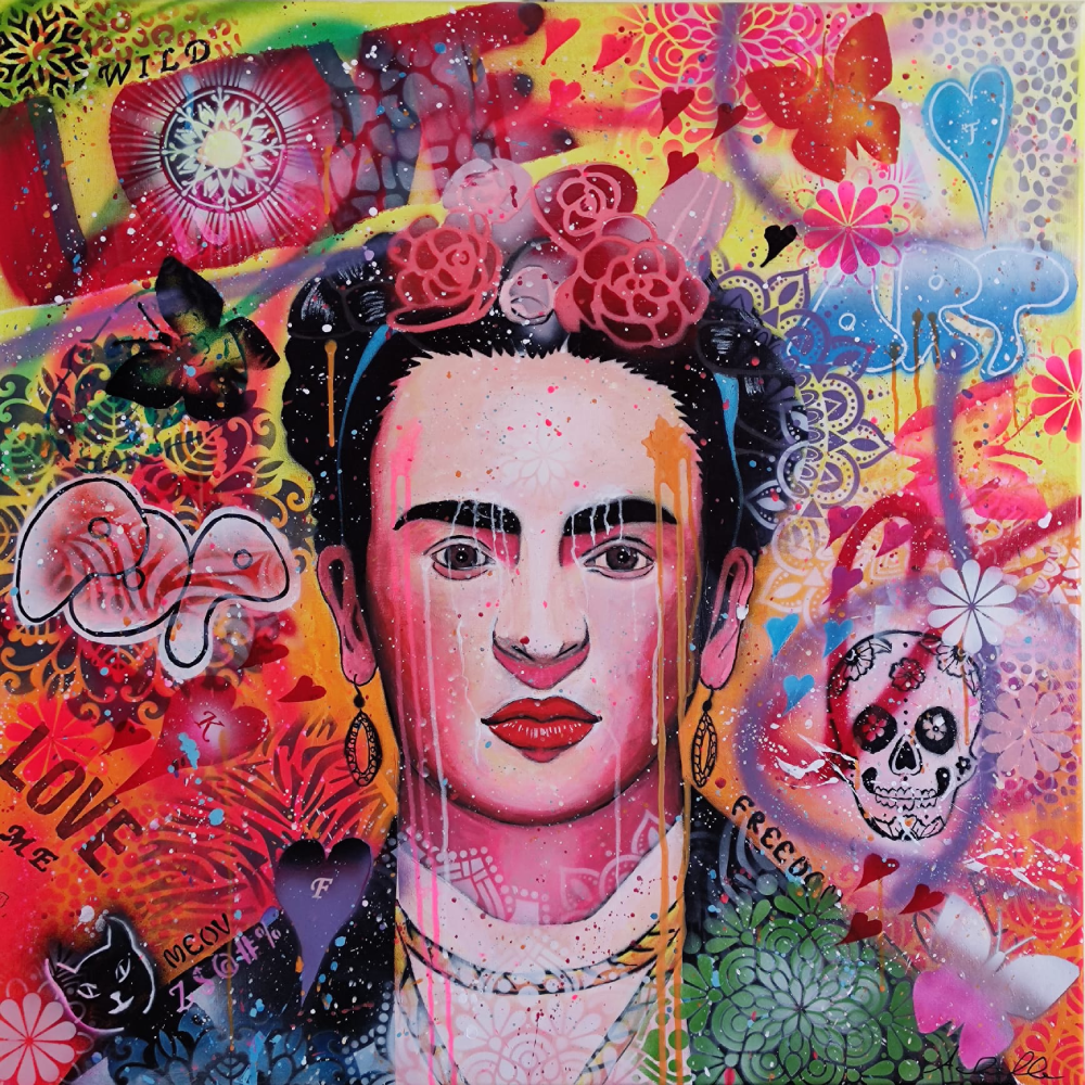Frida Kahlo pop -Acrilico, spray, pennarello su tela di lino. 80 x 80 x 2 cm. Febbraio 2025