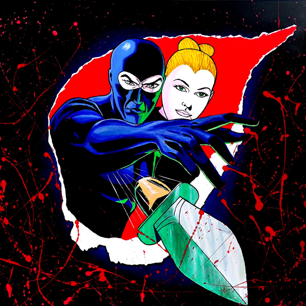 Dipinto acrilico e spray su Tela. Della serie dedicata ai fumetti, omaggio a Diabolik. Dimensioni: 80 x 80 x 4.5 cm